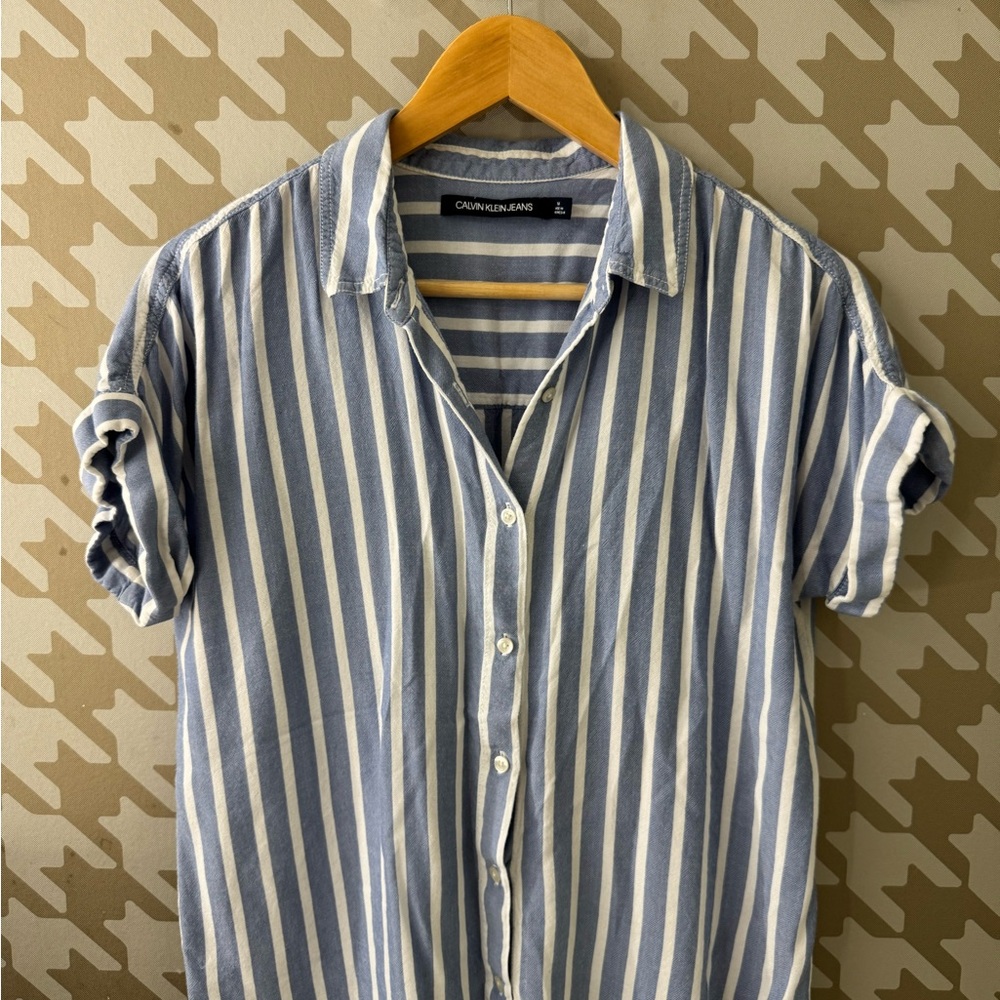 Calvin Klein Women's Casual Blue and White Striped Shirt